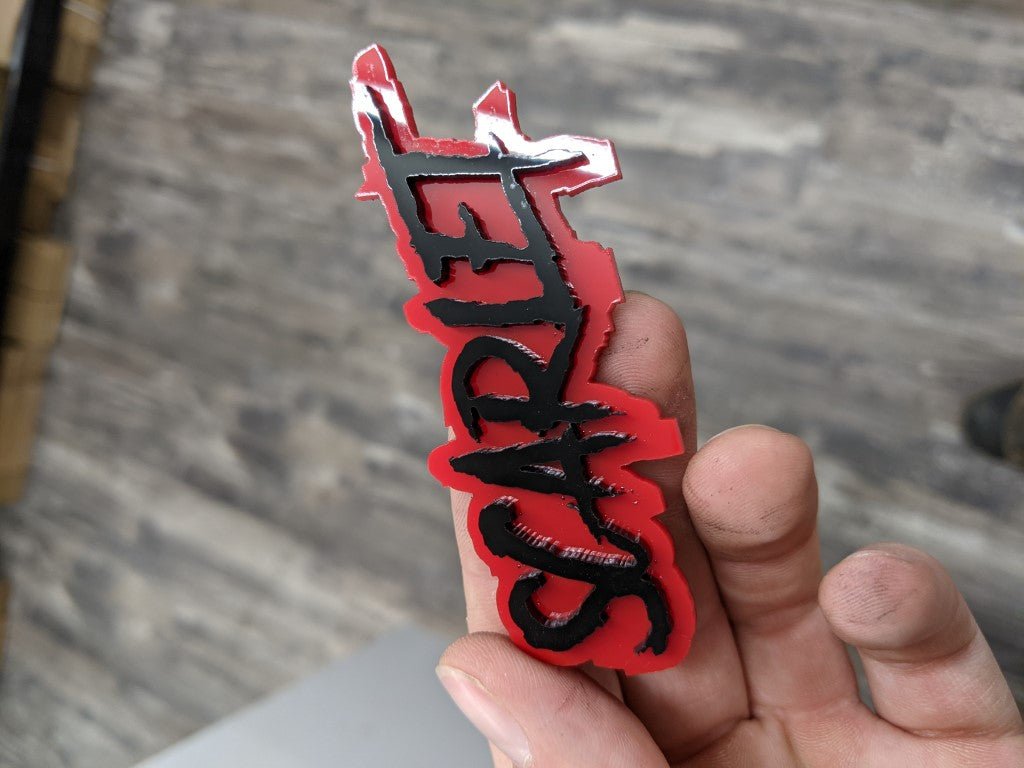 Scarlet Car Badge - Red On Gloss Black - Aggressive Font – Atomic Car ...