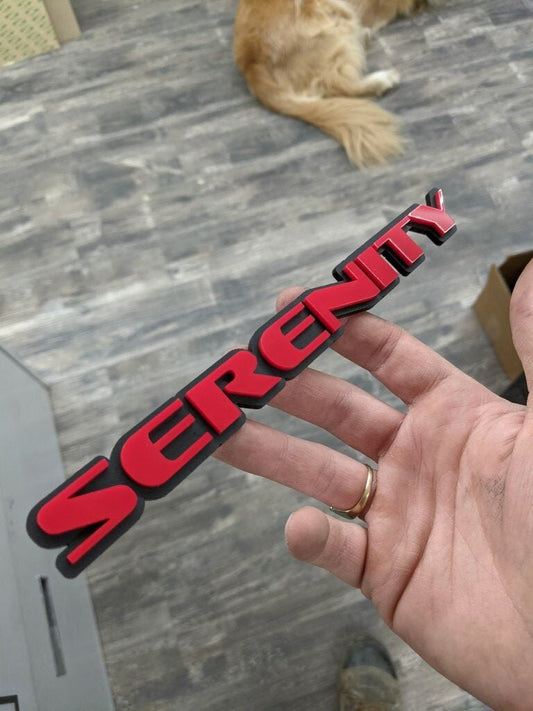 Serenity Car Badge - Red On Matte Black - OEM Font - Atomic Car Concepts