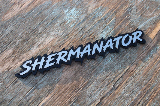 Shermanator Car Badge - Grey On Gloss Black - Lightning Font - Atomic Car Concepts