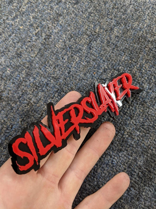 Silverslayer Car Badge - Red On Gloss Black - Aggressive Font - Atomic Car Concepts