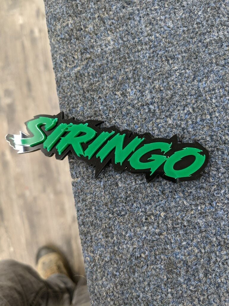 Siringo Car Badge - Green On Gloss Black - Lightning Font - Atomic Car Concepts