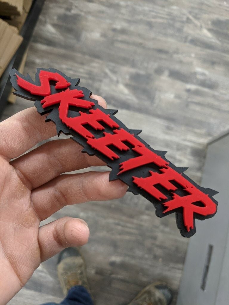 Skeeter Car Badge - Red On Matte Black - Lightning Font - Atomic Car Concepts