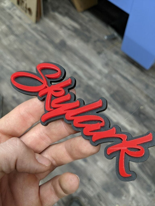 Skylark Car Badge - Red On Matte Black - Script Font - Atomic Car Concepts