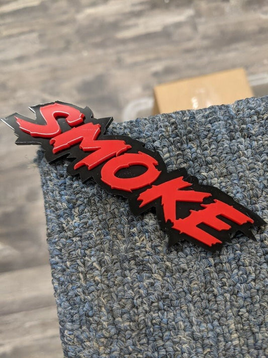 Smoke Car Badge - Red On Gloss Black - Lightning Font - Atomic Car Concepts