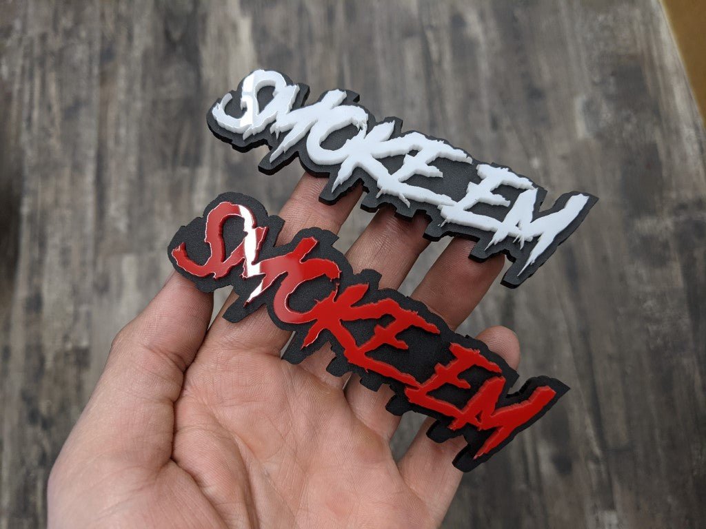 Smoke Em Car Badge - White and Red on Matte Black - Aggressive Font - Tape Mounting - Atomic Car Concepts