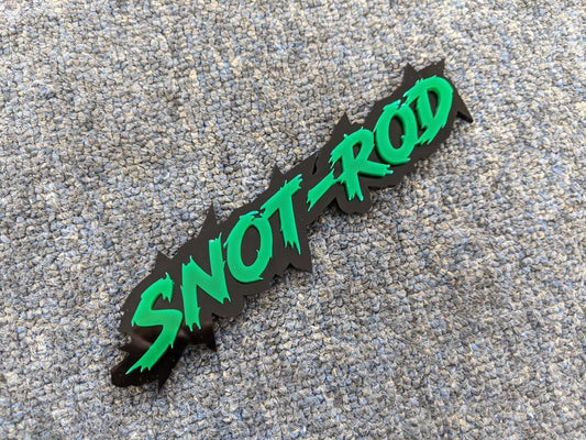 Snot-Rod Car Badge - Green on Gloss Black - Lightning Font - Tape Mounting - Atomic Car Concepts