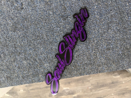 Soul Slingin Car Badge - Mirror Purple On Gloss Black - Script Font - Atomic Car Concepts