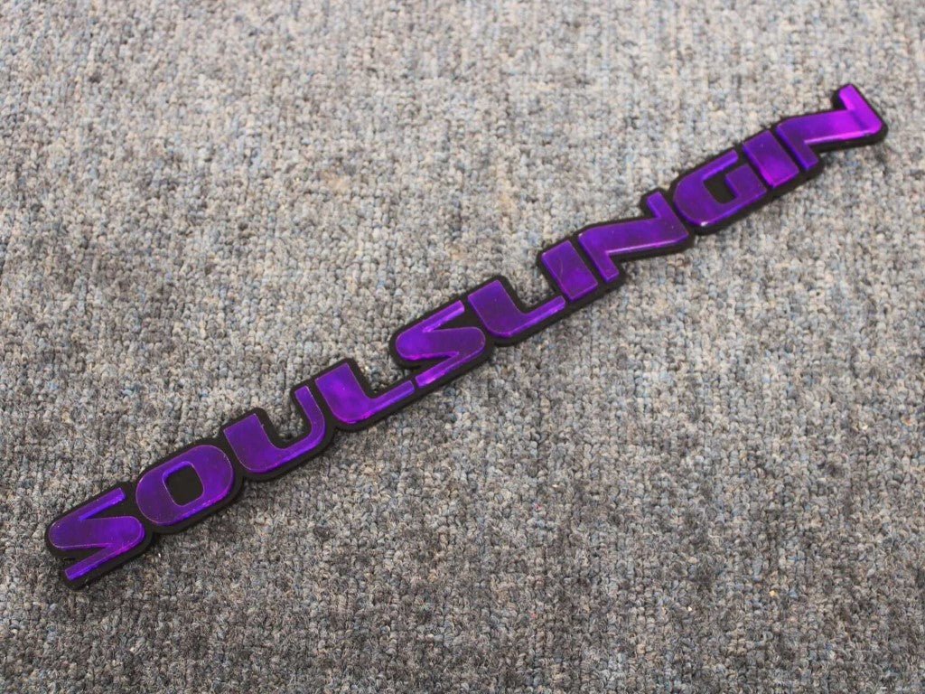 Soulslinging Car Badge - Mirror Purple On Gloss Black - OEM Font - Atomic Car Concepts