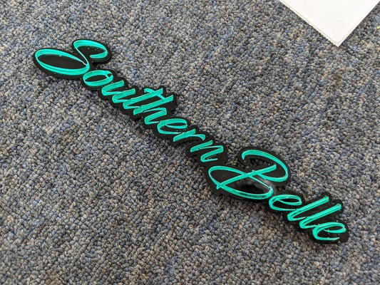 Southern Belle Car Badge - Mirror Green On Gloss Black - Script Font - Atomic Car Concepts