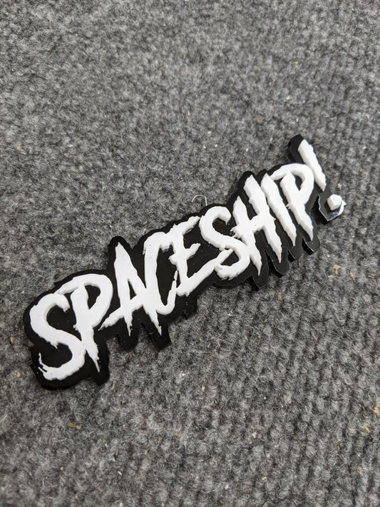 Spaceship Car Badge - White on Gloss Black - Aggressive Font - Atomic Car Concepts