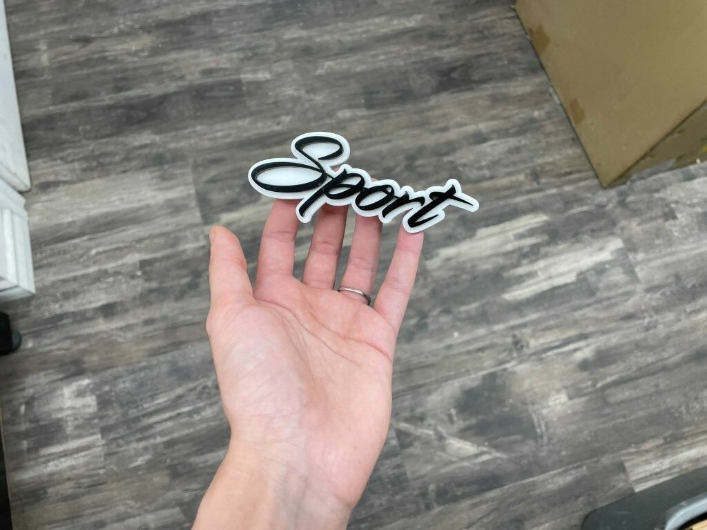 Sport Car Badge - Gloss Black On White - Script Font - Atomic Car Concepts