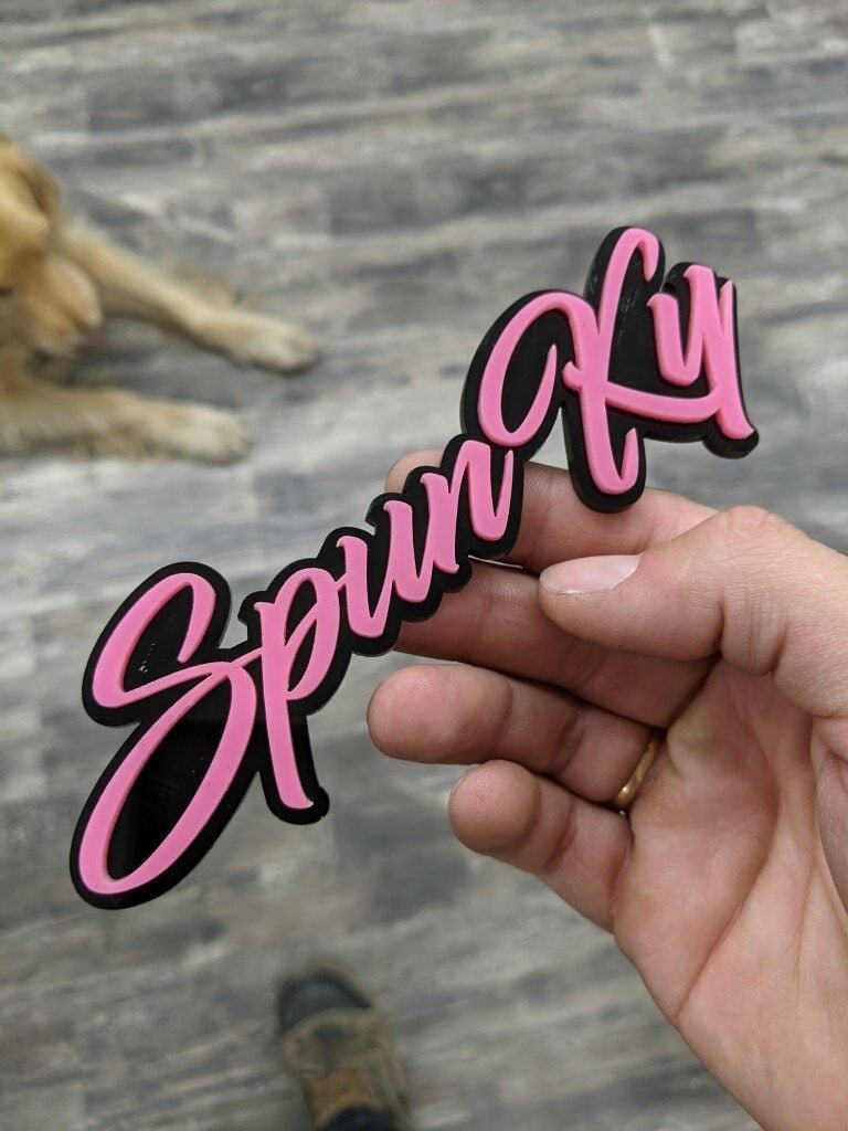 Spunky Car Badge - Pink On Gloss Black - Script Font - Atomic Car Concepts