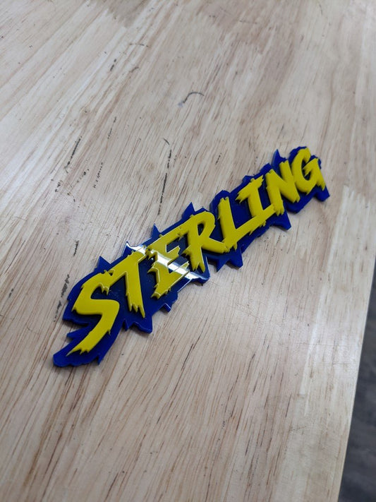 Sterling Car Badge - Yellow On Blue - Lightning Font - Atomic Car Concepts