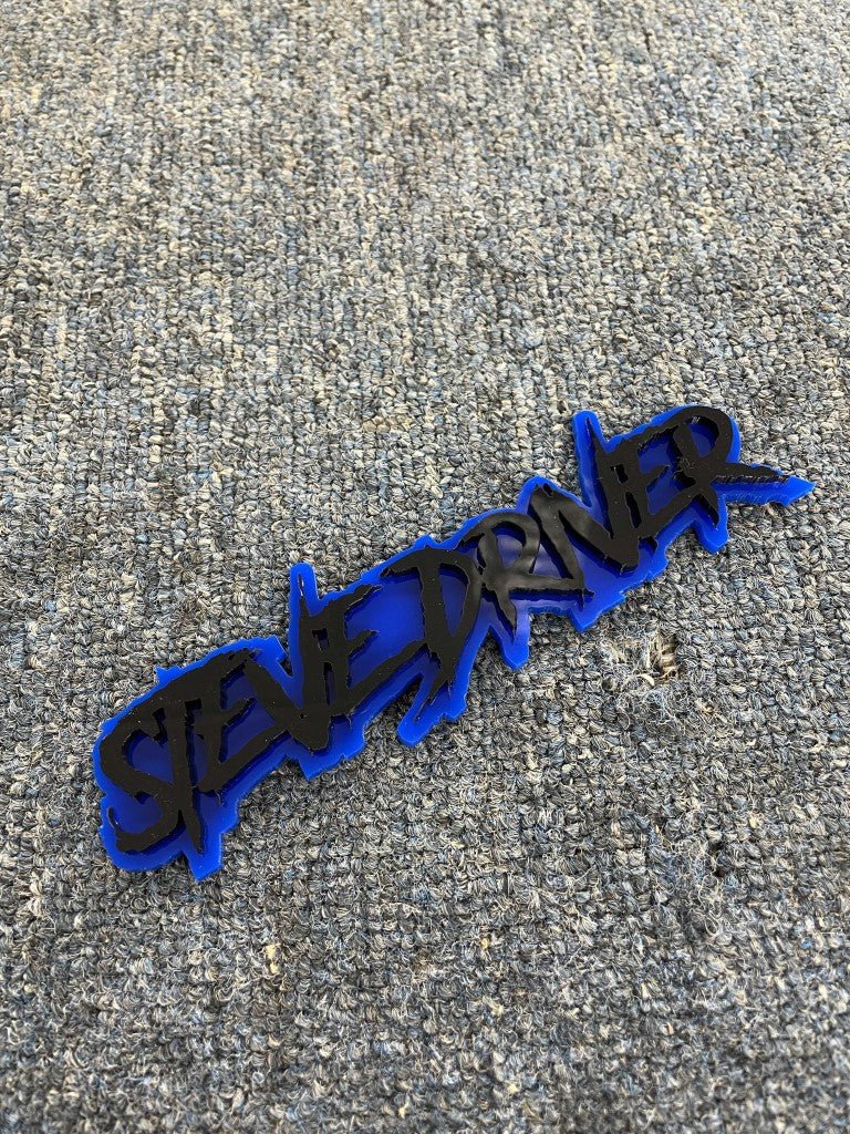 Steve Driver Car Badge - Gloss Black On Blue - Aggressive Font - Atomic Car Concepts