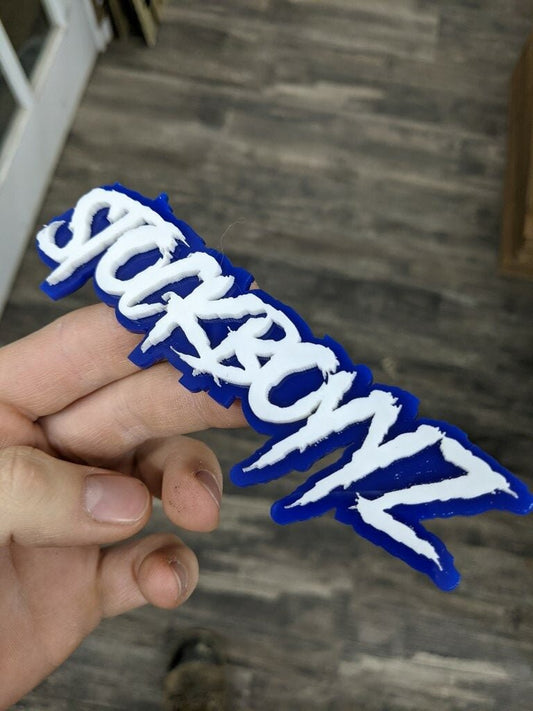 Stockboyyz Car Badge - White On Blue - Aggressive Font - Atomic Car Concepts