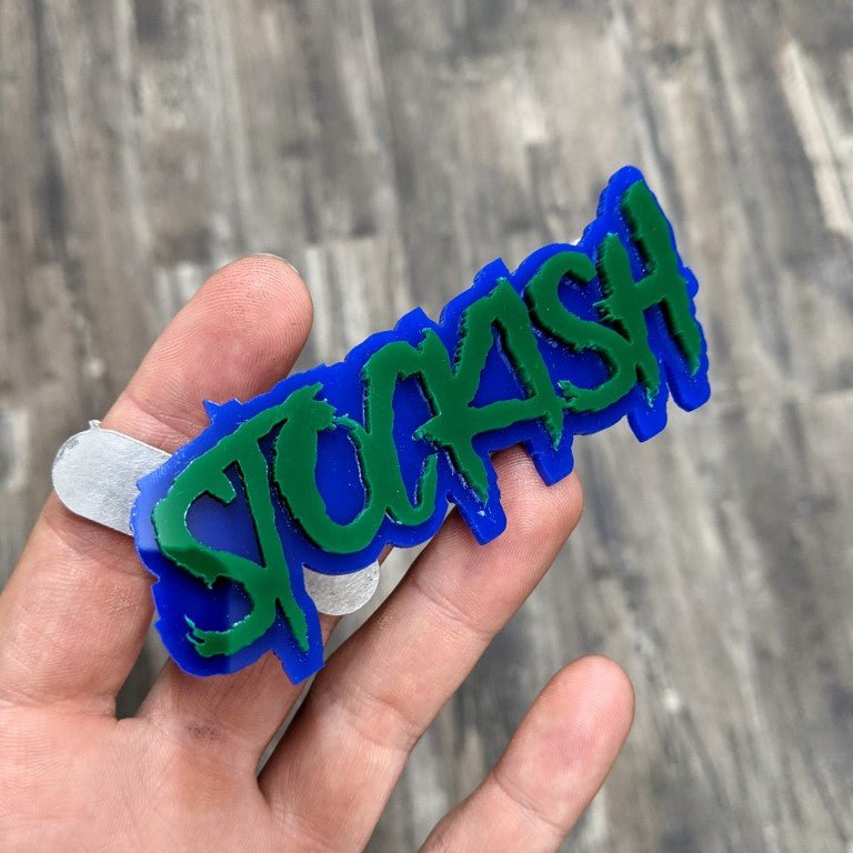 Stockish Car Badge - Green on Blue - Aggressive Font - Atomic Car Concepts