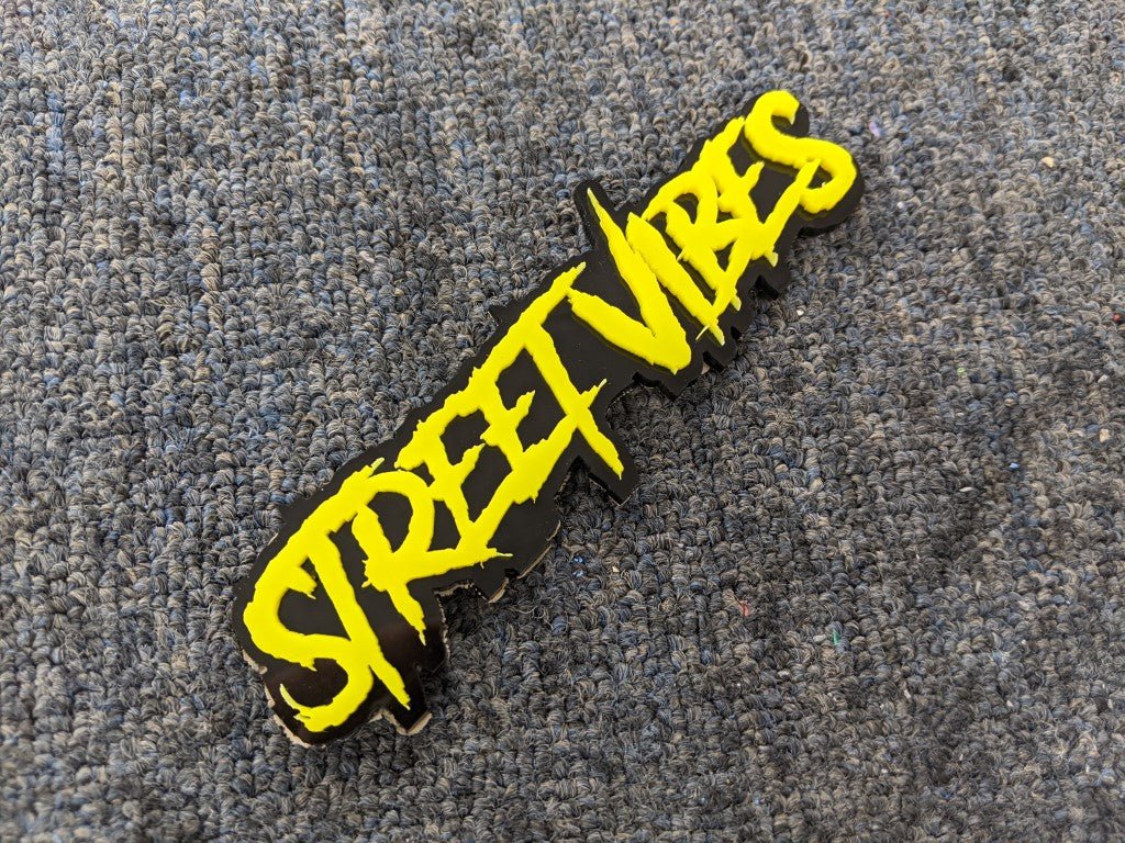 Street Vibes Car Badge - Yellow on Gloss Black - Aggressive Font - Atomic Car Concepts