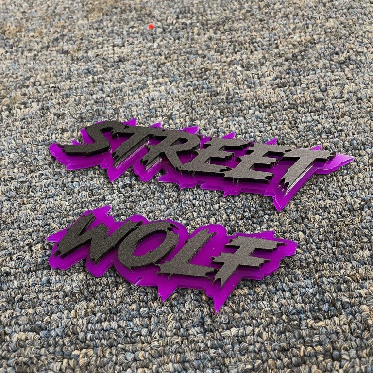 Street Wolf Car Badge - Matte Black On Purple - Lightning Font - Atomic Car Concepts