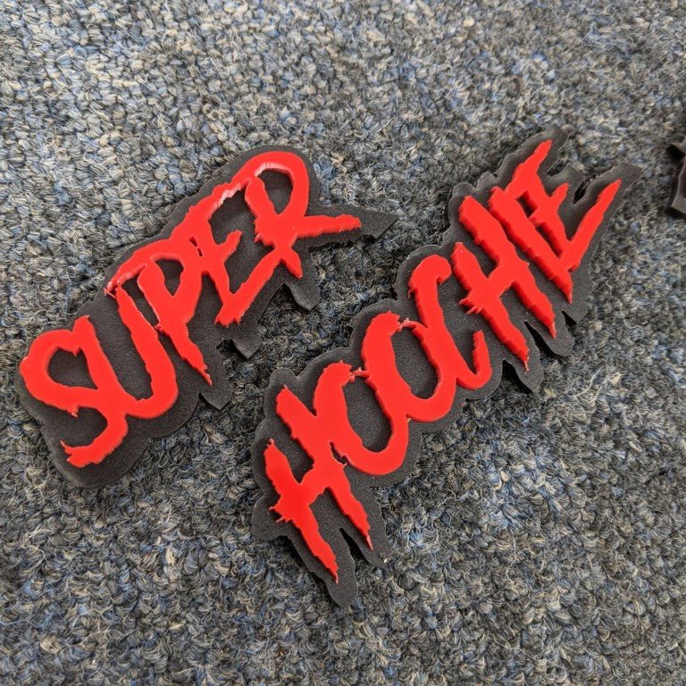 Super Hoochie Car Badge - Red On Matte Black - Aggressive Font - Atomic Car Concepts