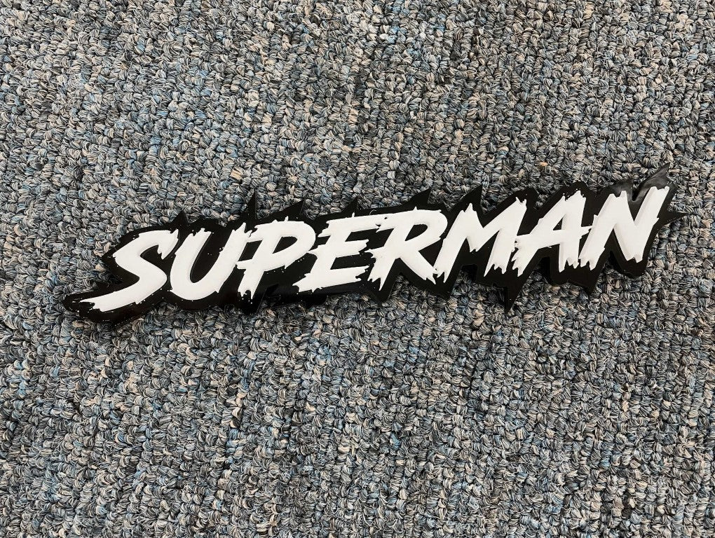 Superman Car Badge - White On Gloss Black - Lightning Font - Atomic Car Concepts