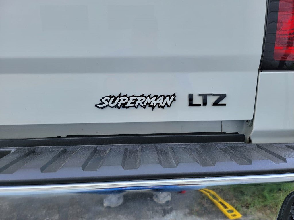 Superman Car Badge - White On Gloss Black - Lightning Font - Atomic Car Concepts