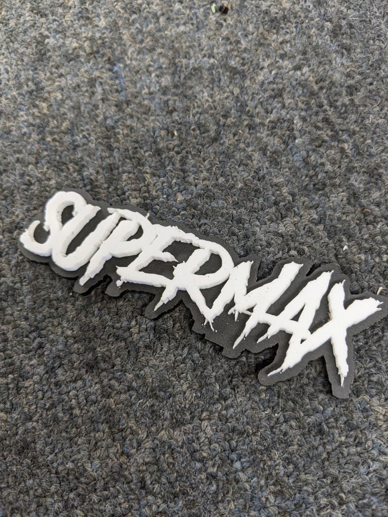 Supermax Car Badge - White On Matte Black - Aggressive Font - Atomic Car Concepts