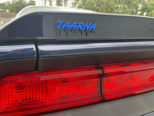 Taarna Car Badge - Blue On Matte Black - Lightning Font - Atomic Car Concepts