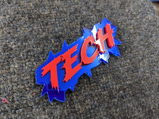 Tech Car Badge - Red On Mirror Blue - Lightning Font - Atomic Car Concepts