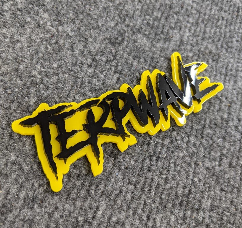 TerpwavePredator Car Badge - Gloss Black On Yellow - Aggressive Font - Atomic Car Concepts