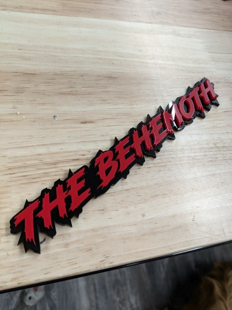 The Behemoth Car Badge - Red On Gloss Black - Lightning Font - Atomic Car Concepts