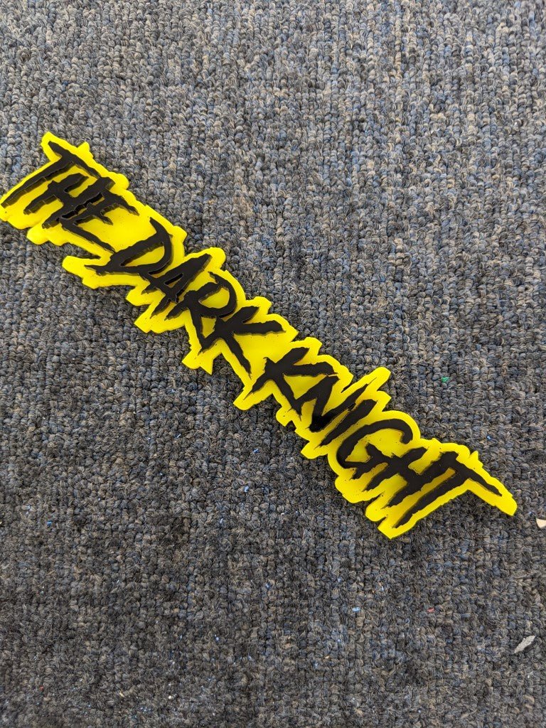 The Dark Knight Car Badge - Gloss Black on Yellow - Aggressive Font - Atomic Car Concepts