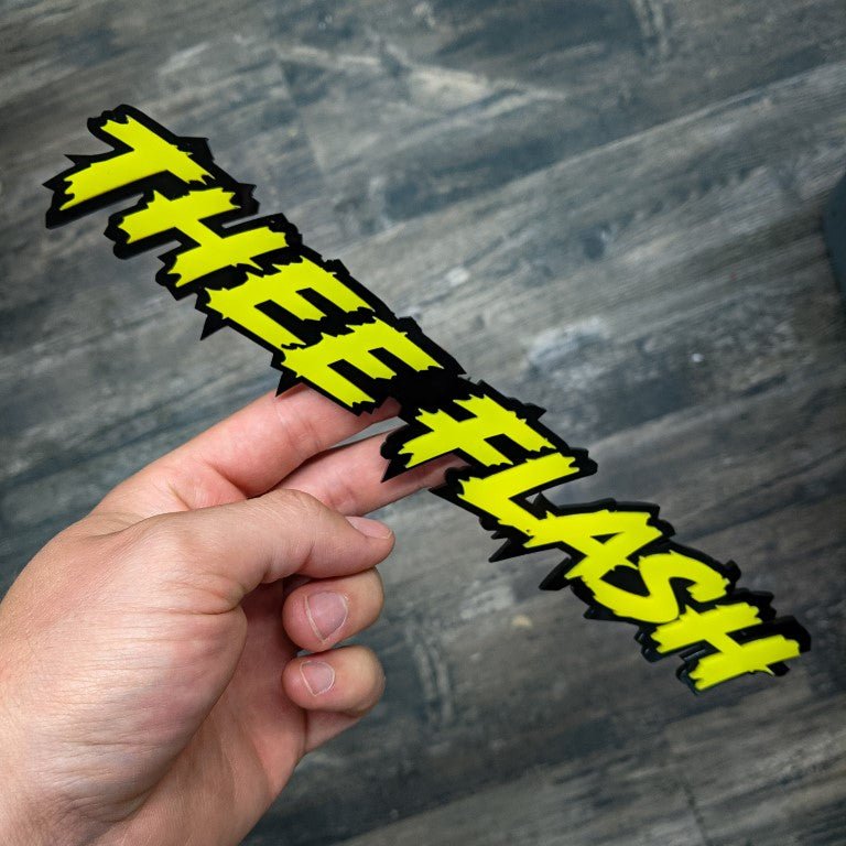 Thee Flash Car Badge - Yellow on Gloss Black - Lightning Font - Tape Mounting - Atomic Car Concepts