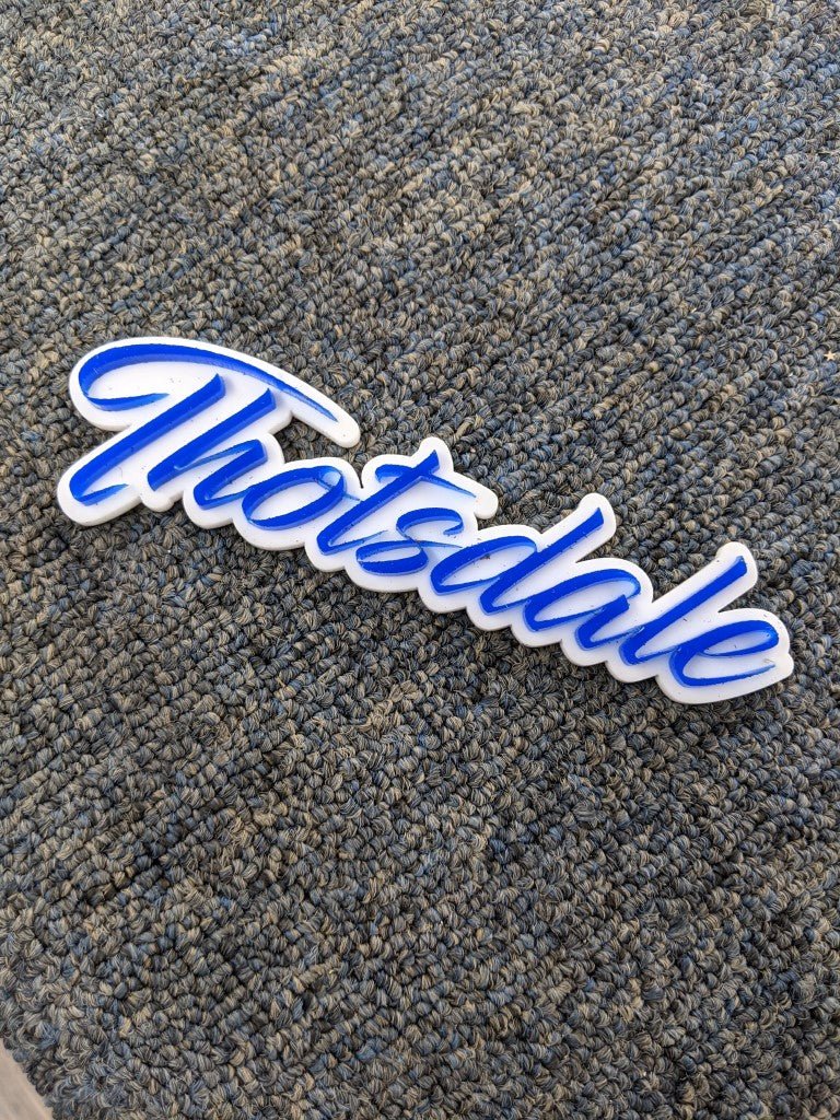 Thotsdale Car Badge - Blue On White - Script Font - Atomic Car Concepts