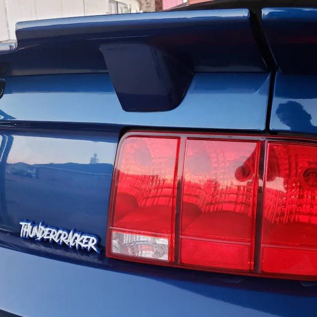 Thundercracker Car Badge - White On Blue - Aggressive Font - Atomic Car Concepts