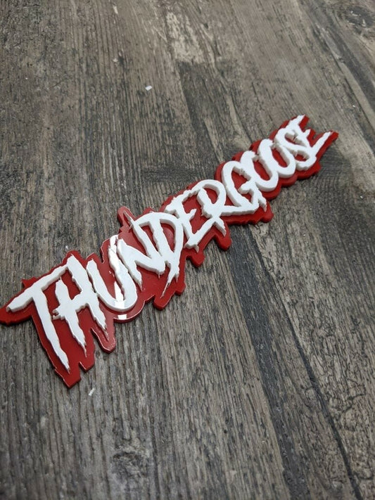 Thundergoose Car Badge - White on Red - Aggressive Font - Tape Mounting - Atomic Car Concepts