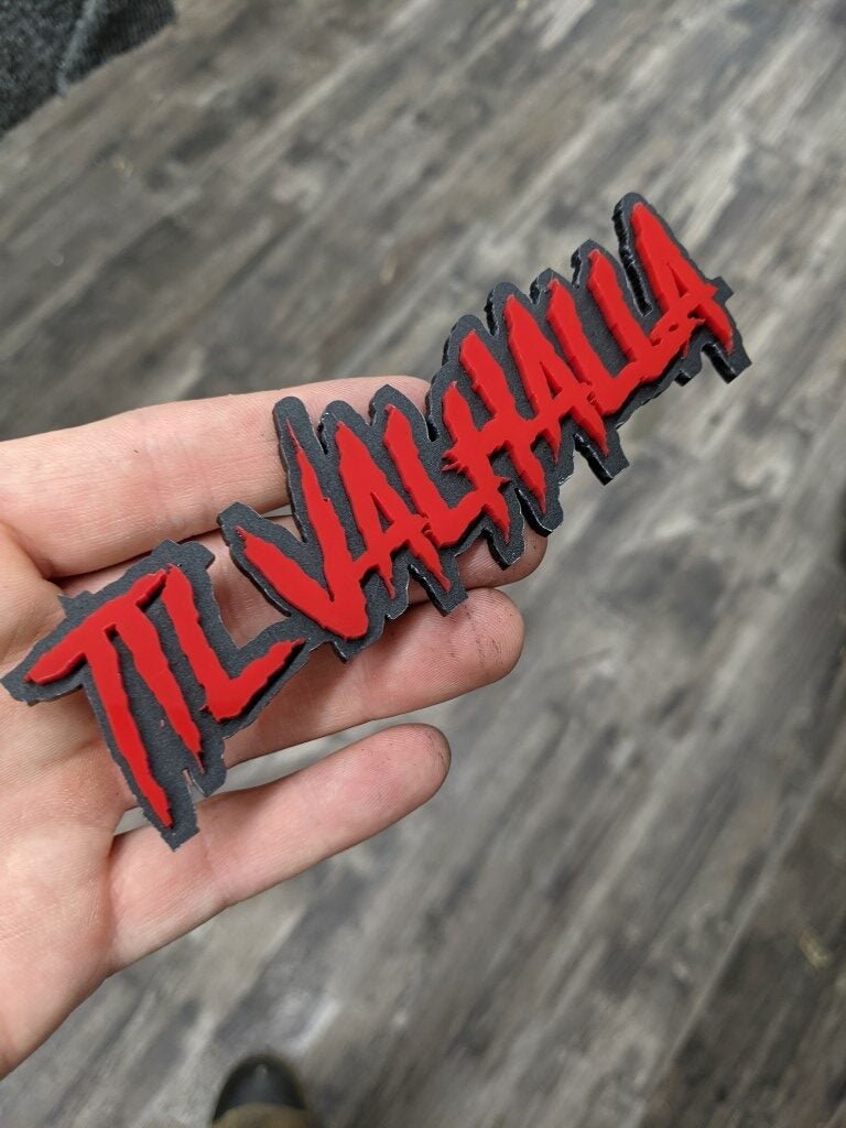 Til Valhalla Car Badge - Red On Matte Black - Aggressive Font – Atomic ...