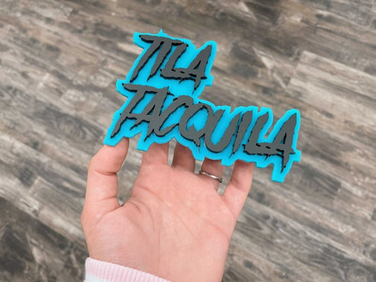 Tila Tacquila Lightning Car Badge - Matte Black On Teal - Aggressive Font - Atomic Car Concepts