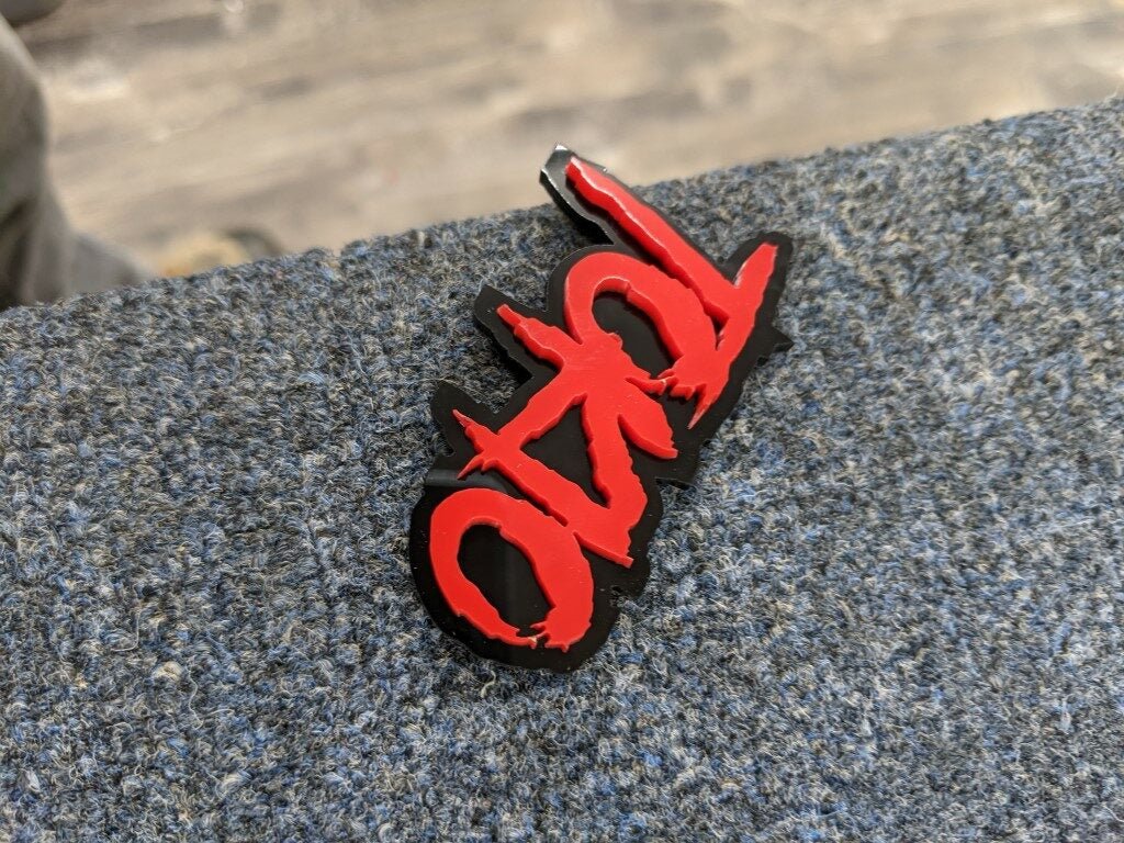 Tokio Car Badge - Red On Gloss Black - Aggressive Font - Atomic Car Concepts