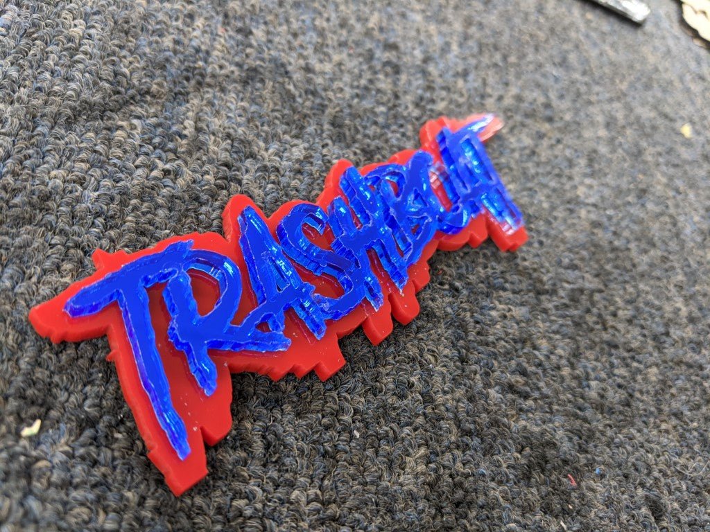 Trashboat Car Badge - Mirror Blue on Red - Aggressive Font - Tape Mounting - Atomic Car Concepts