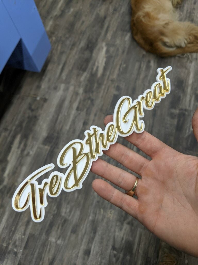 TreBtheGreat Car Badge - Mirror Gold On White - Script Font - Atomic Car Concepts