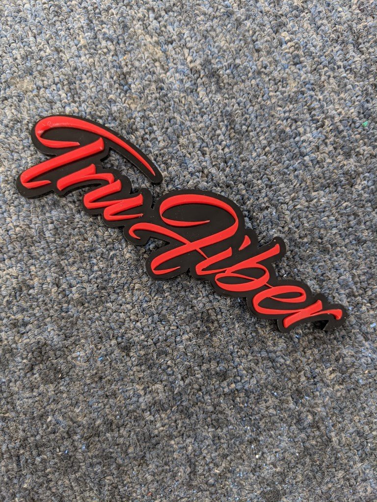 Tru Fiber Car Badge - Red on Gloss Black - Script Font - Atomic Car Concepts