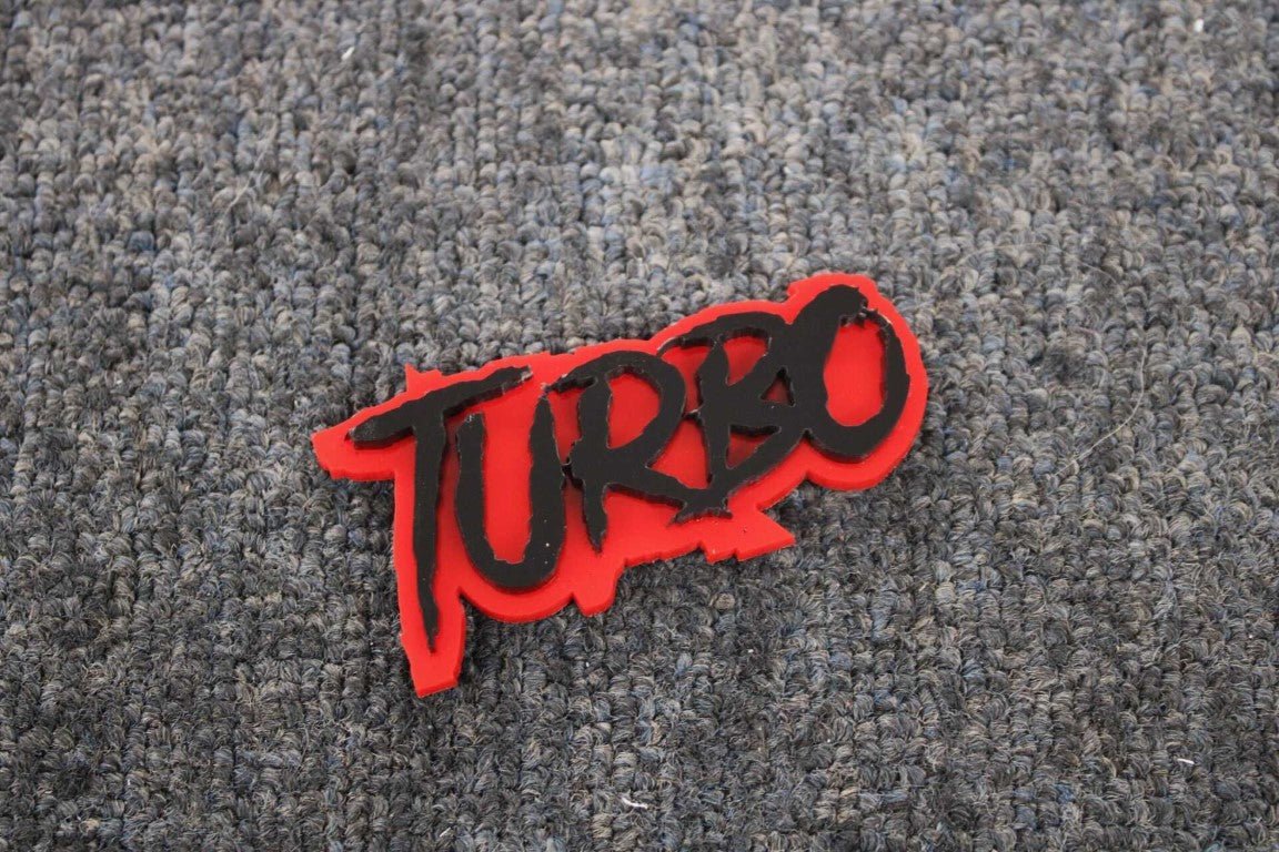 Turbo Car Badge - Gloss Black On Red - Aggressive Font - Atomic Car Concepts