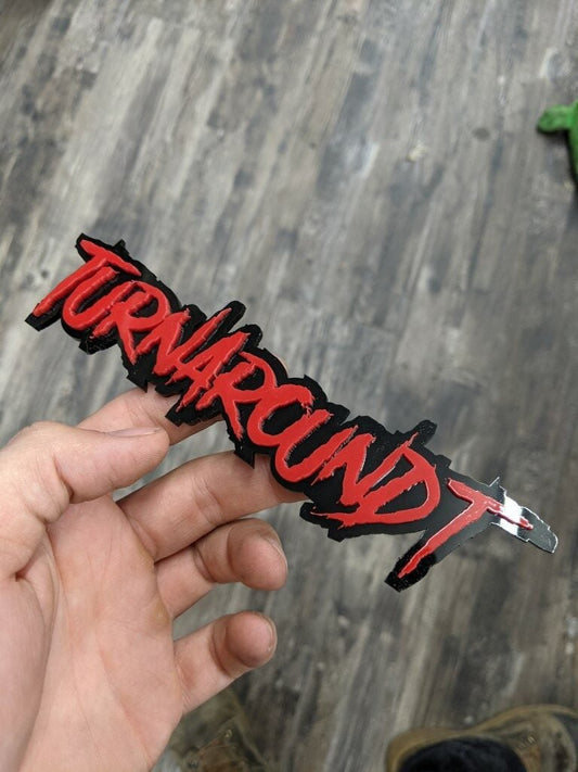 Turnaround T Car Badge - Red On Gloss Black - Aggressive Font - Atomic Car Concepts