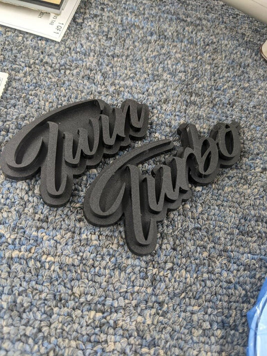 Twin Turbo Car Badge - Matte Black On Matte Black - Script Font - Atomic Car Concepts