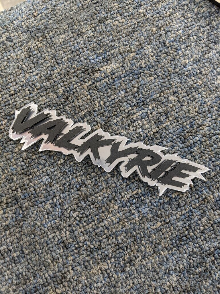 Valkyrie Car Badge - Matte Black On Mirror Silver - Lightning Font - Atomic Car Concepts