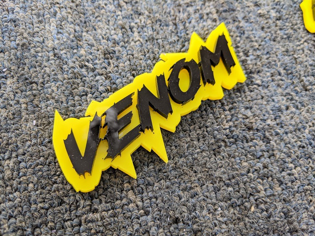 Venom Car Badge - Gloss Black on Yellow - Lightning Font - Tape Mounti ...