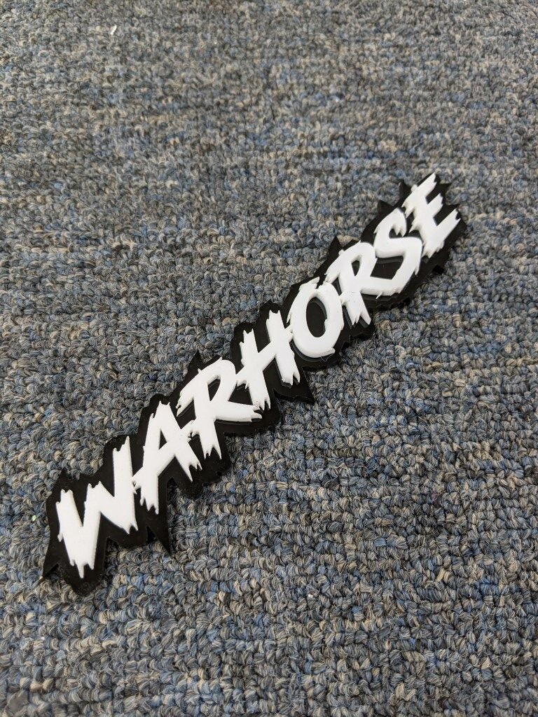 Warhorse Car Badge - White On Gloss Black - Lightning Font - Atomic Car Concepts