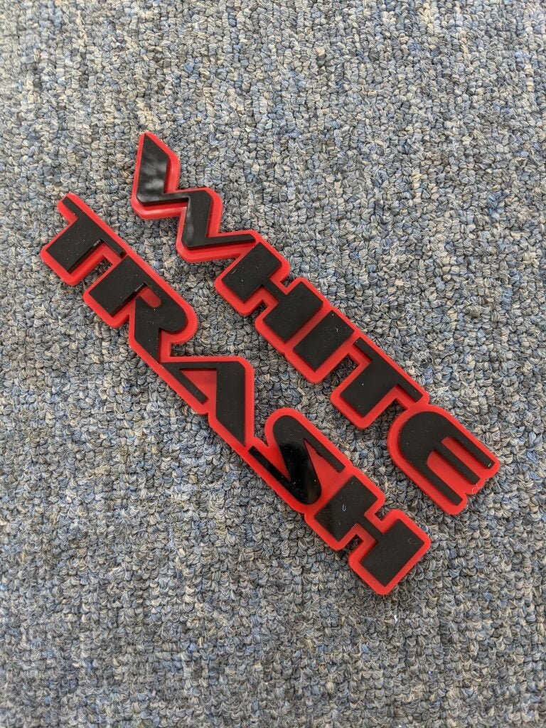 White Trash Car Badge - Gloss Black on Red - OEM Font - Tape Mounting - Atomic Car Concepts