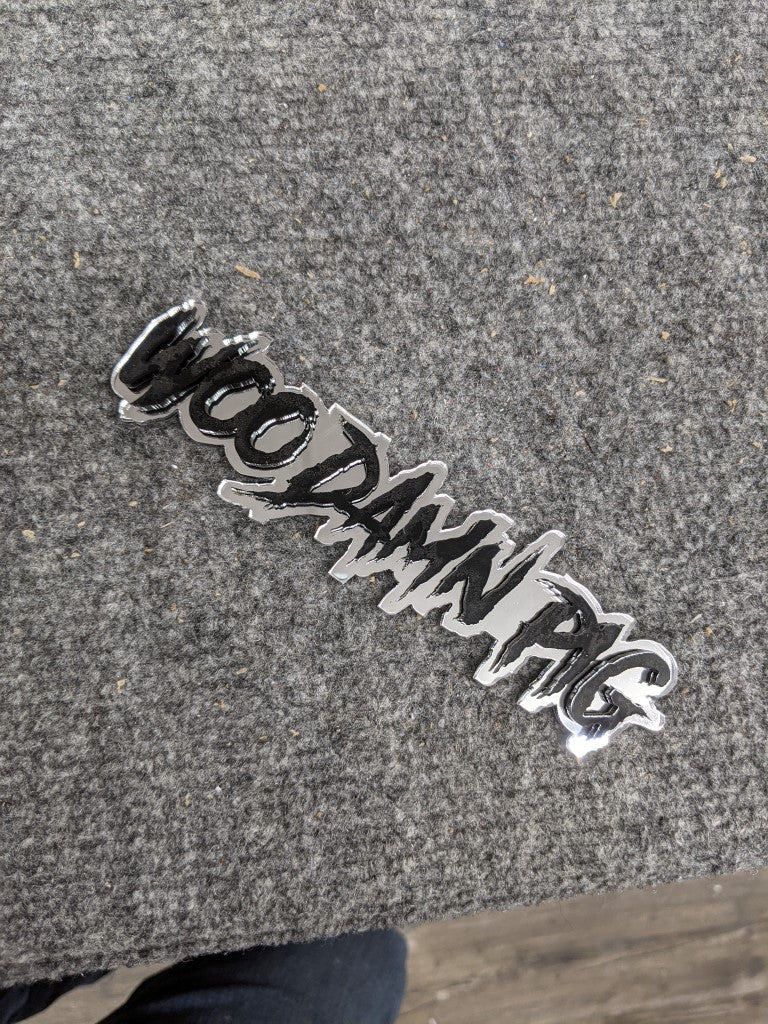 Woo Damn Pig Car Badge - Gloss Black On Mirror Silver - Aggressive Font - Atomic Car Concepts