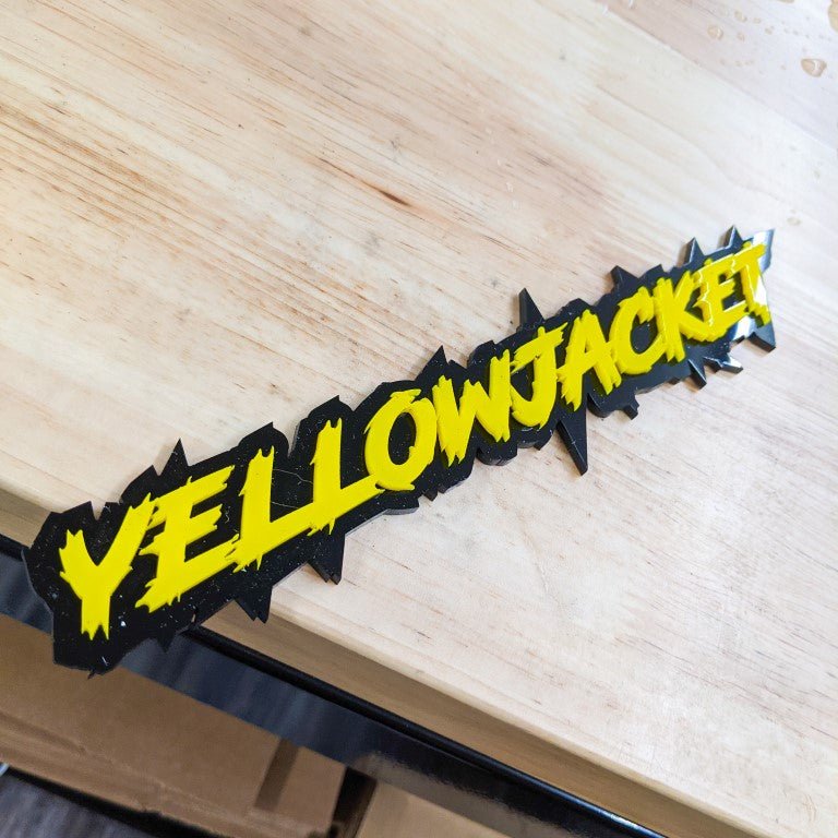 Yellowjacket Car Badge - Yellow on Gloss Black - Lightning Font - Tape Mounting - Atomic Car Concepts